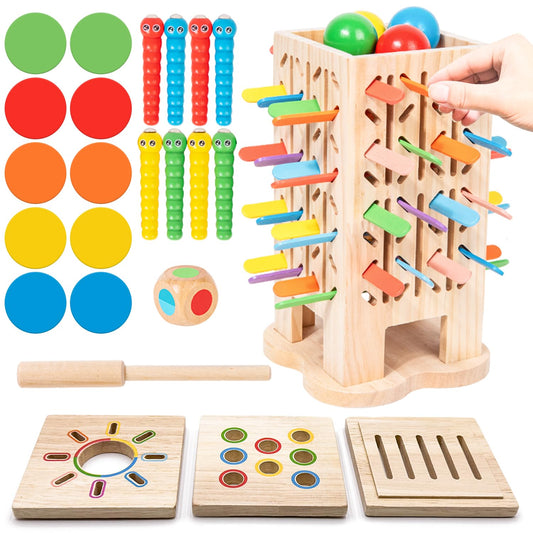 Montessori Wooden Board Games, Multifunctional Children's Toys, Sticks Dice Game & Wooden Learning Color Sorting Toys for Kids 3-6 Years, Builds Fine Motor Skills & Counting & Color Sorting