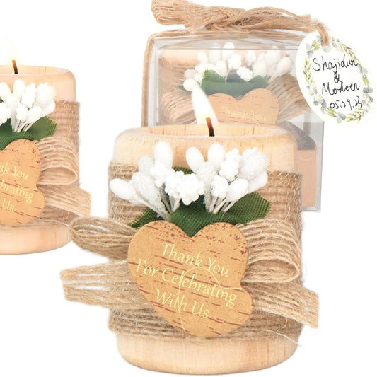 12PCS Wooden Tealight Candle Holders, Wedding Thank You Favors for Guests, Baptism/Bridal Shower Centerpieces for Tables, Wood Cylinder Candle Set for Baby Shower Decorations(Double Heart Tag)