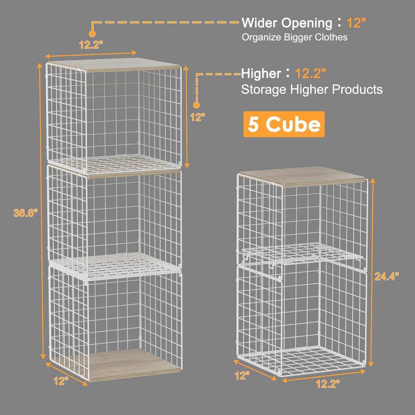 Hencawima 5PCS Stackable Closet Organizers and Storage, Closet Shelves with Wood Top Extra Storage, Clothes Storage Organizer Basket Bin/Cube for Home Wardrobe Organization(White-Sturdy Metal)