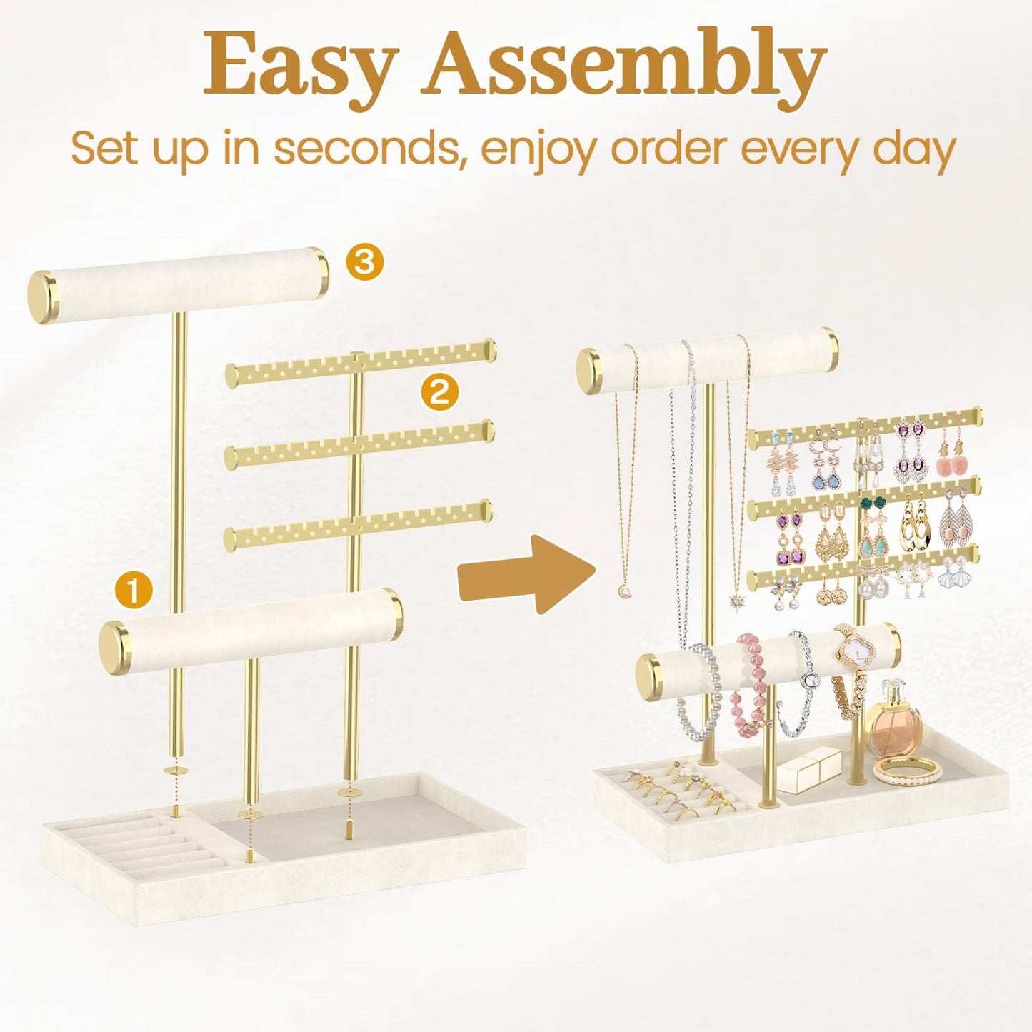 MODOWEY Necklace Holder Earring Stand Organizer, Wooden Velvet Bracelet Tree Rack with Ring Tray for Vendor Women Display Selling, Countertop T Bar Jewelry Tower Keep Everything Visible & Within Reach