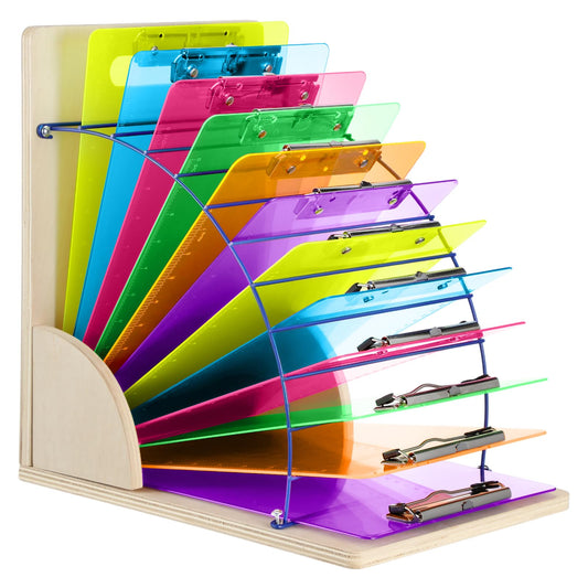LemonSecret Clipboard Holder with 12 Pcs Clipboards, Wood and Metal Clipboard Holder Stand Clip Board Storage Rack Organizer, Clear Colored Clipboards for Classroom Office, 12.5 x 9 Inch