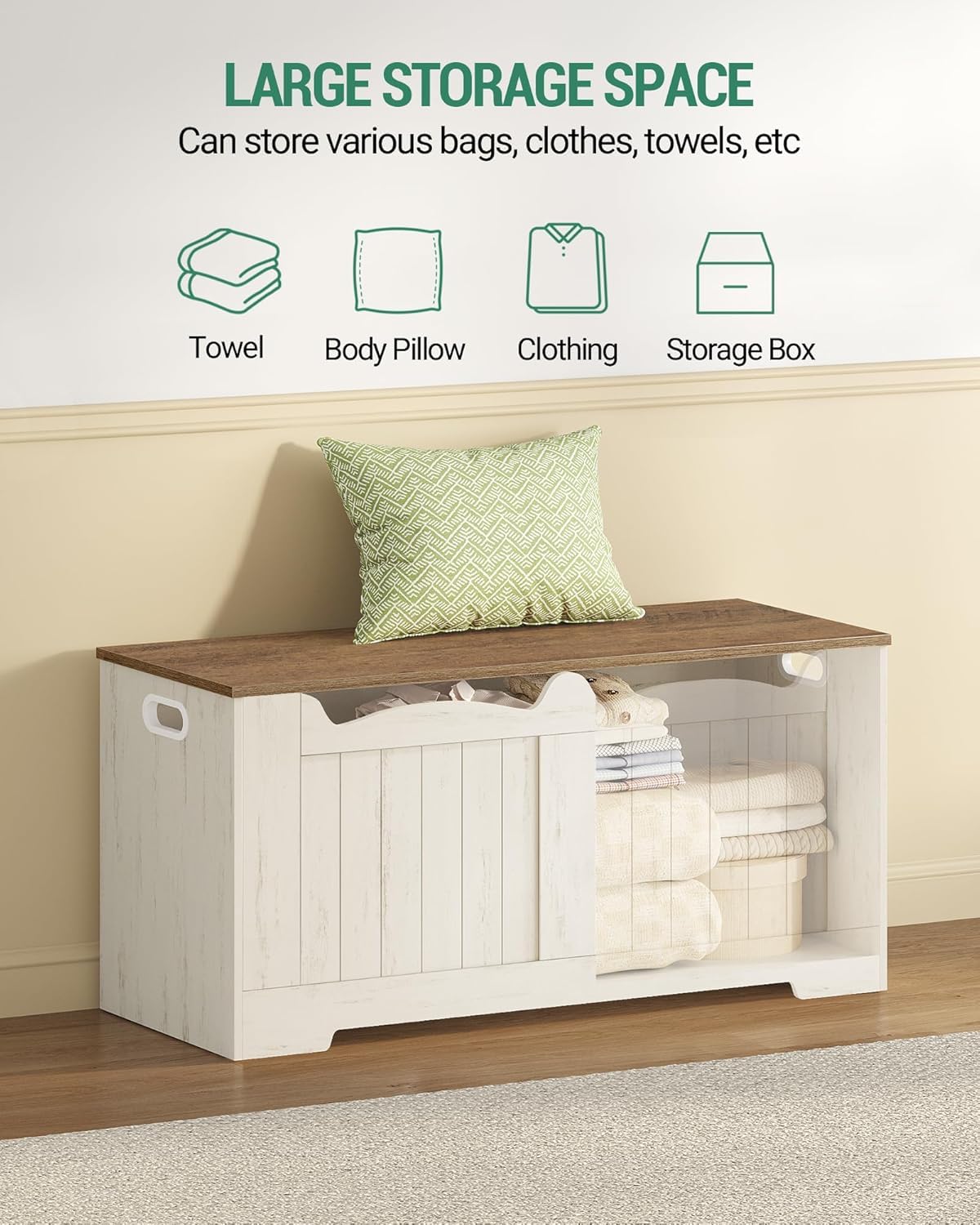 Hzuaneri 39.4" Storage Chest, Storage Bench Trunk with 2 Hinge, Wooden Box, Lift-Top Chest Organizer, Shoe Bench for Entryway, Bedroom, Living Room, White and Brown SB01014B