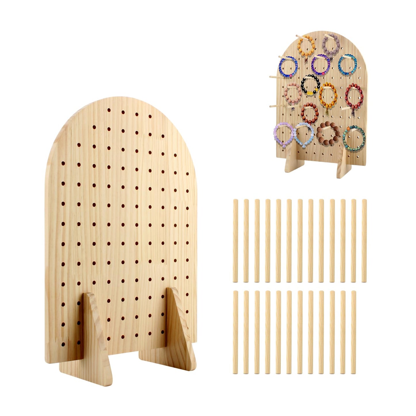 Wooden Pegboard Display Stand with 25 Pcs Dowel Rods, Pegboard Accessories Rack, Keychain Jewelry Display Stand for Vendors, Oval Pegboard Stand for Jewelry, Craft Shows, Necklace Pin, Earrings