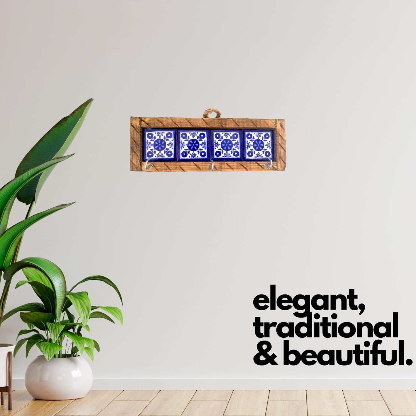 Casa Fiesta Designs Mexican Talavera Key Holder – Handcrafted Wooden & Ceramic Wall Organizer with 3 Metal Hooks – Blue & White Tile Design – Rustic Home Décor - Portallaves 4 Azulejos Azules