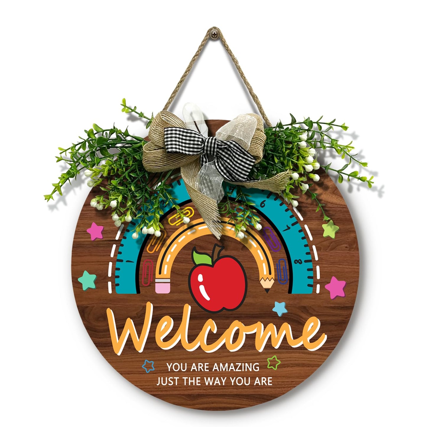 Dacawin Teacher Classroom Door Sign Wooden Welcome Door Sign for Classroom Apple Star Flower Teacher Wreath for Classroom Door Rainbow Hanging Plaque Kids Classroom 12 inch