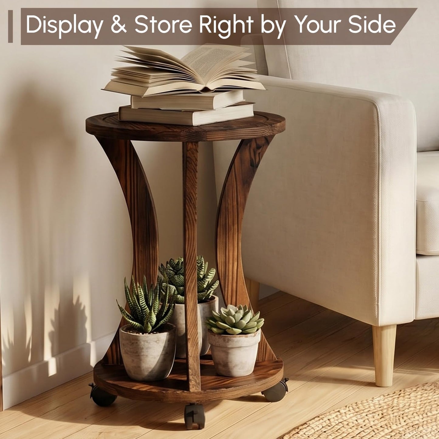 WooOrganix 2 Tier Wooden Plant Stand Indoor with Wheels – Tall Plant Stand for 6-12 Inch Pots, Mid-Century Modern Rustic Plant Table Indoor, Pedestal Stand for Corner, Living Room, Balcony, Dark Brown