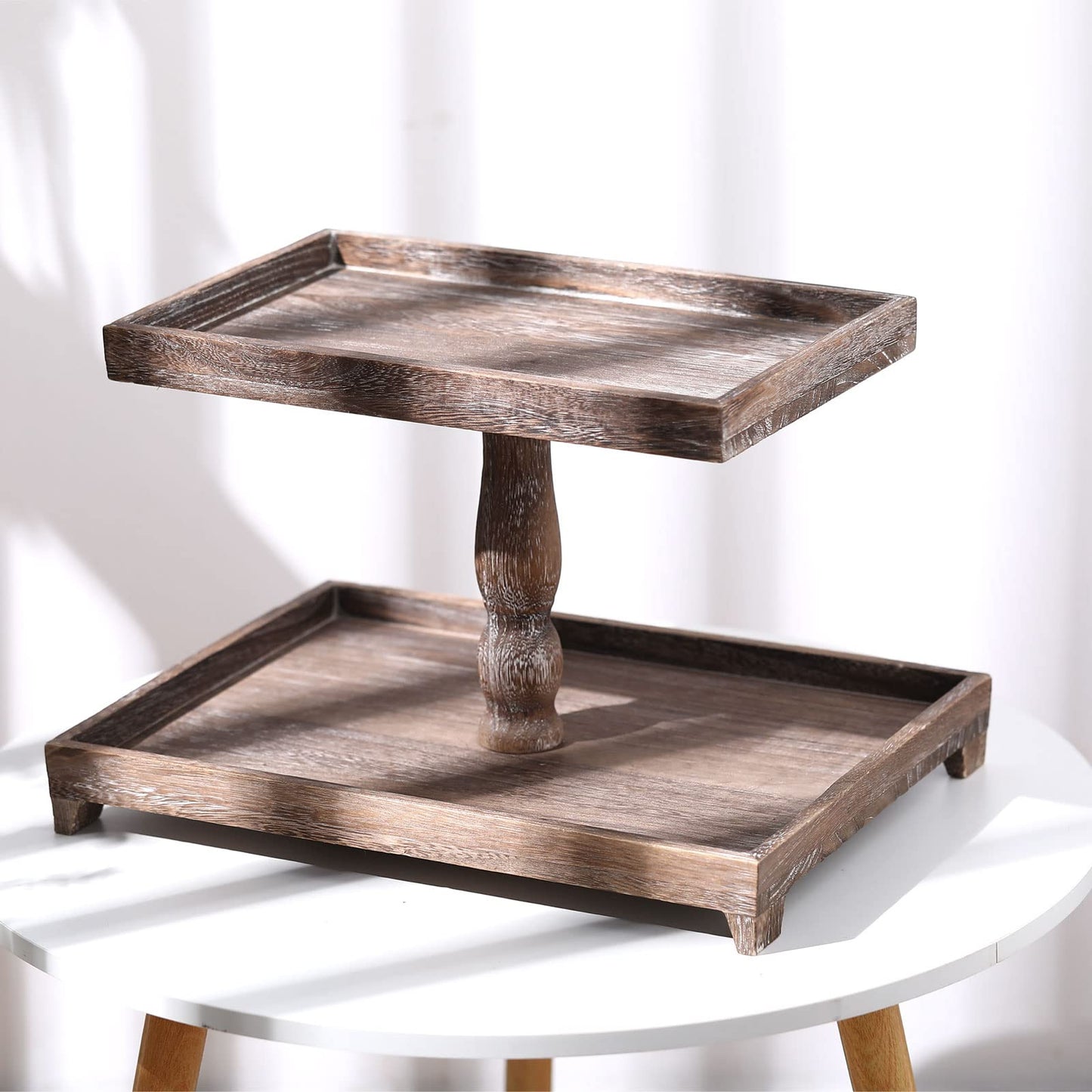 Yalikop Farmhouse Tiered Tray Stand - Wooden Rustic 2 Tier Rectangular Tray Serving Stand for House Kitchen Cake(Brown)