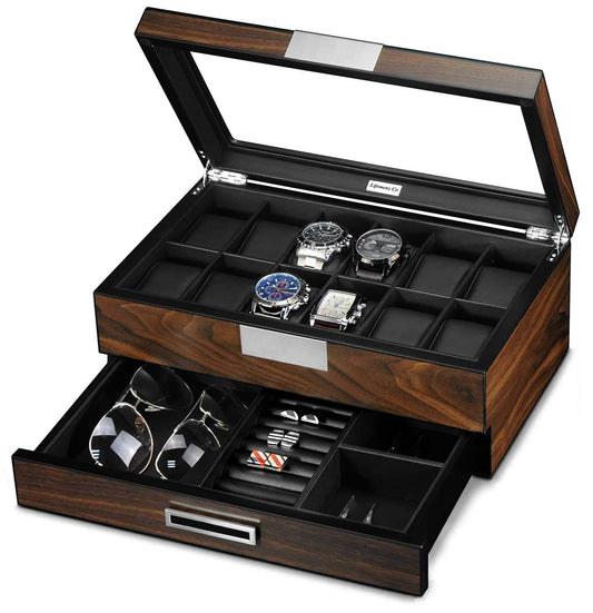 Lifomenz Co Watch Box for Men 12 Slot Wooden Watch Organizer - Premium Walnut Watch Display Case Storage with Valet Drawer, Real Glass Window & Luxury Leather Interior