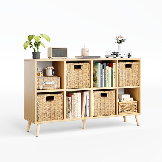 8 Cube Storage Organizer, Mid-Century Modern Wooden Bookcase with 5 Solid Wood Legs, Horizontal Cubby Bookshelf Fits 11 Inch Bins, Versatile Console TV Stand for Living Room, Kids Room, Natural