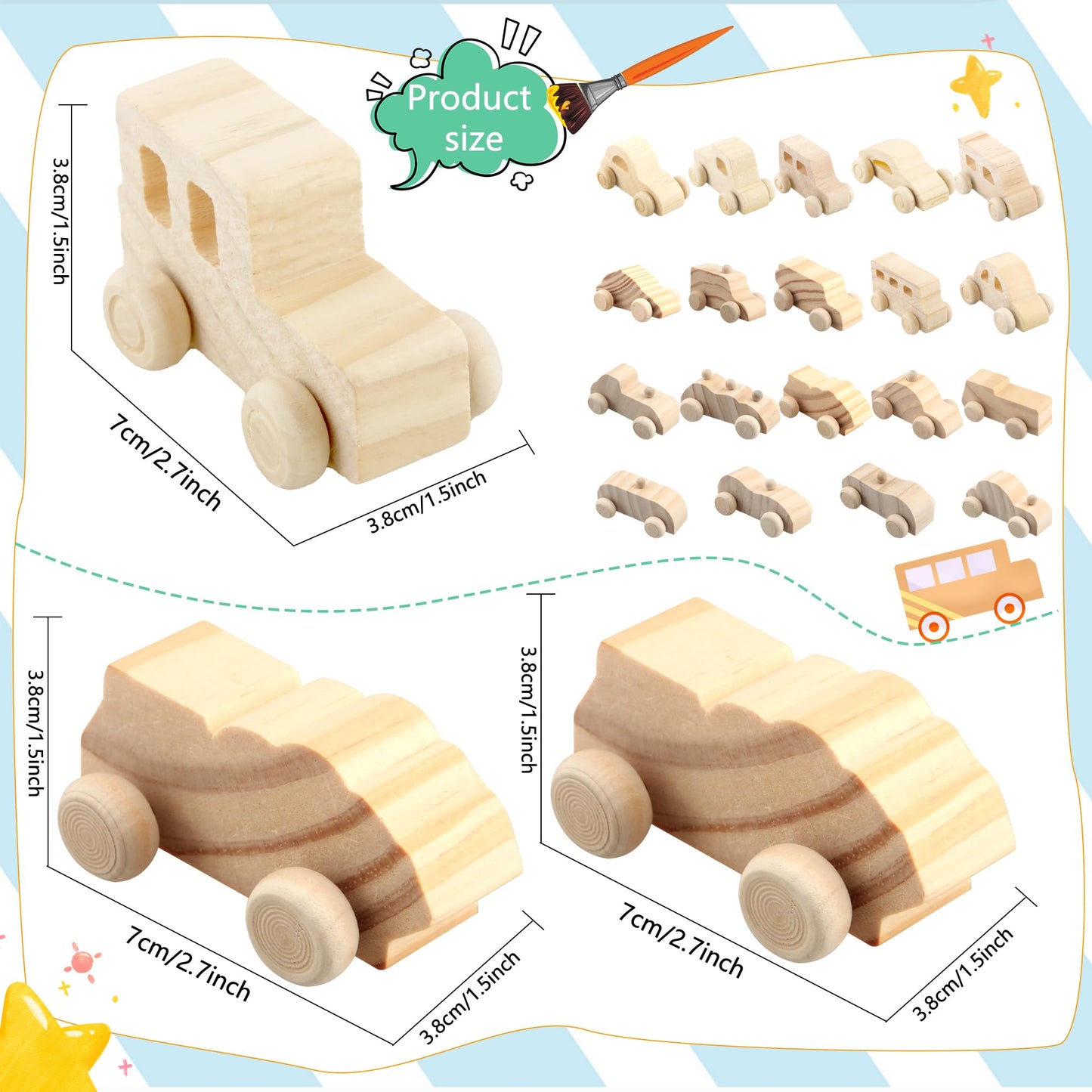 Haconba 40 Pack Unfinished Wooden Cars Paintable Wooden Craft Cars Wood DIY Car Toys for Kids School Home Activities Family Time DIY Handicraft Projects, 20 Styles
