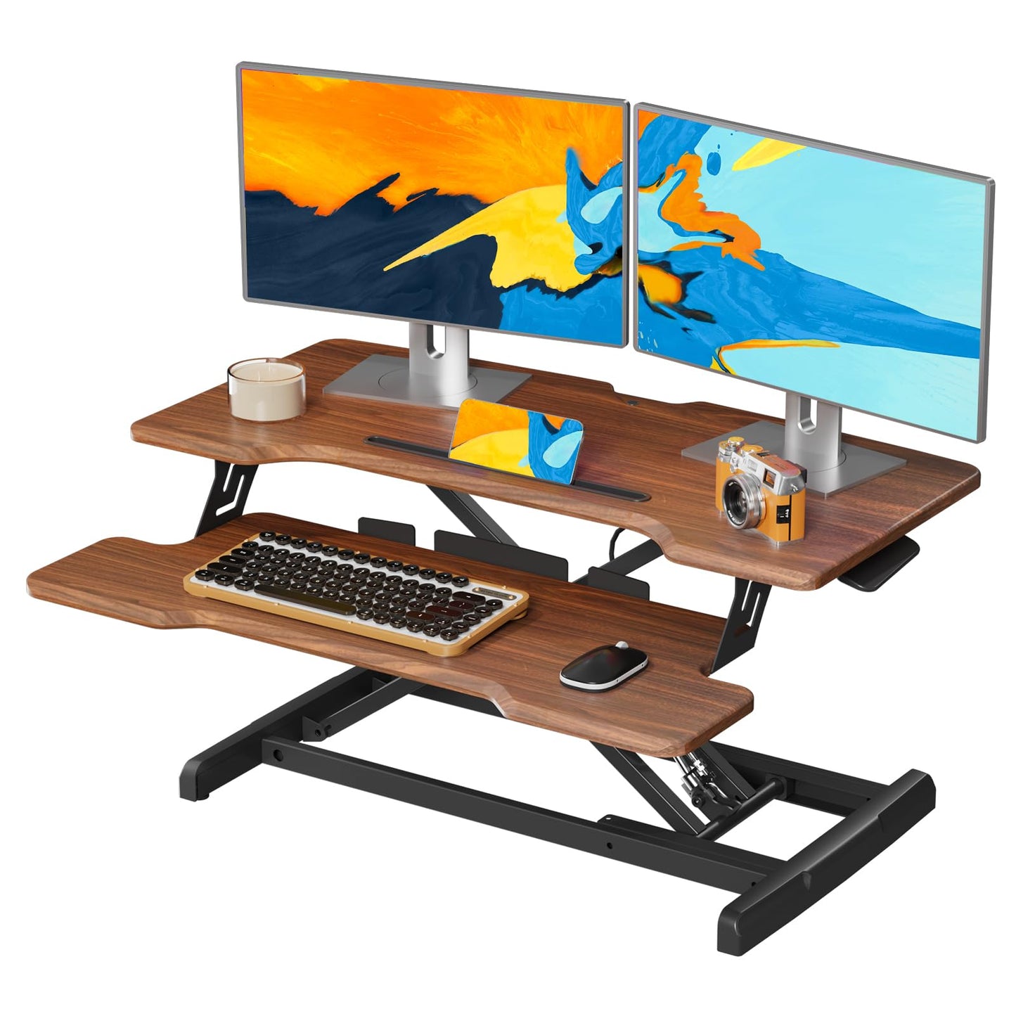JYLH JOYSEEKER Standing Desk Converter 32 inch, Height Adjustable Sit Stand Desk Riser, Quick Sit to Stand Tabletop Dual Monitor Riser Workstation for Home Office with Keyboard Tray, Dark Wood