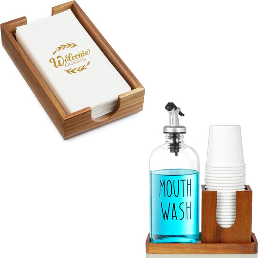 Napkin Holder for Bathroom, Acacia Wooden Guest Towel Holder Tray for Bathroom Bundle Mouthwash Dispenser for Bathroom, 16 OZ Glass Mouthwash Dispenser with Pour Spout and Acacia Wood Cup Holder
