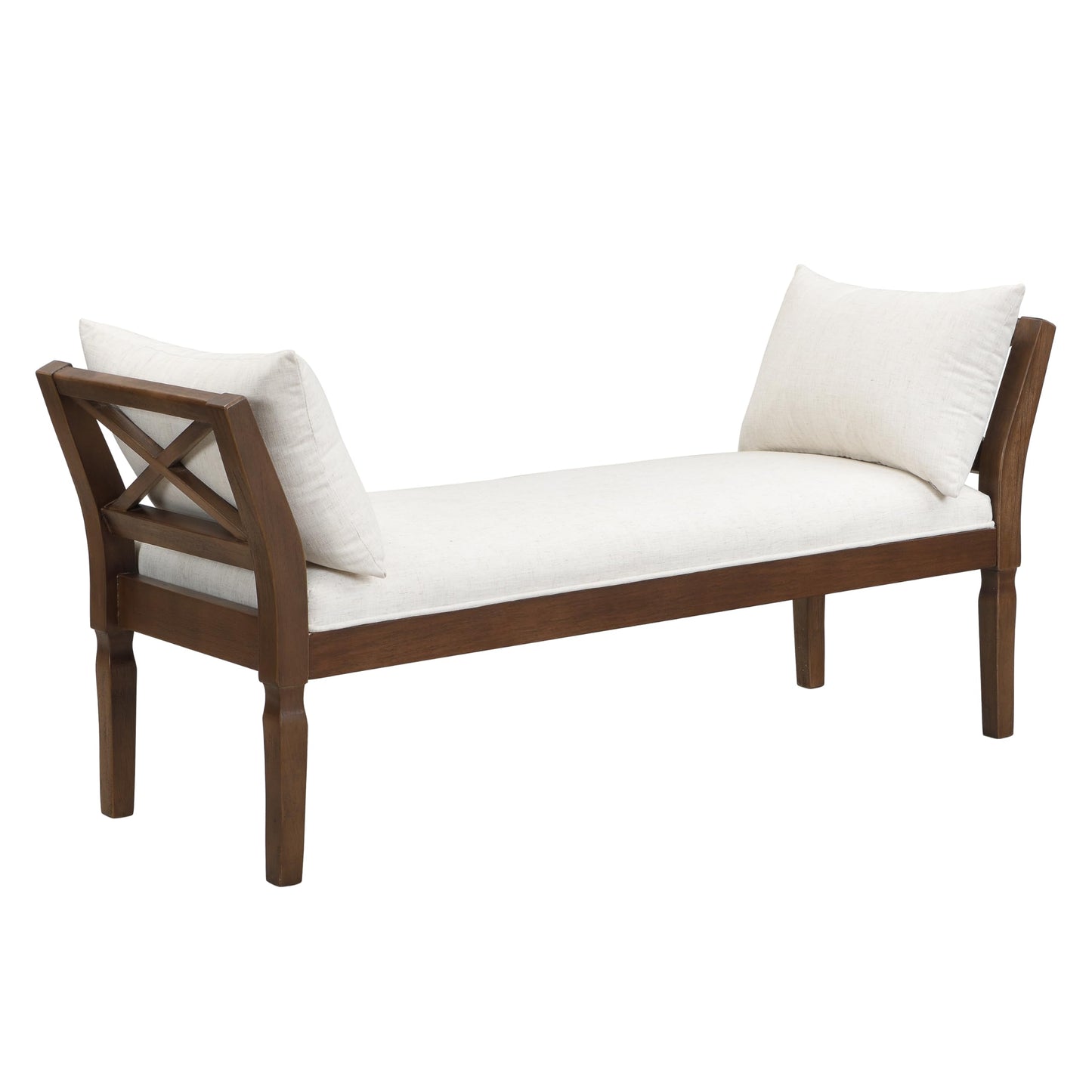 Christopher Knight Home Viko Farmhouse Wooden Living Room Ottoman Bench with Cross-back Detail, Upholstered End of Bed Ottoman with Armrest, Long Entryway Bench, Long Seating for Bedroom, Beige+Walnut