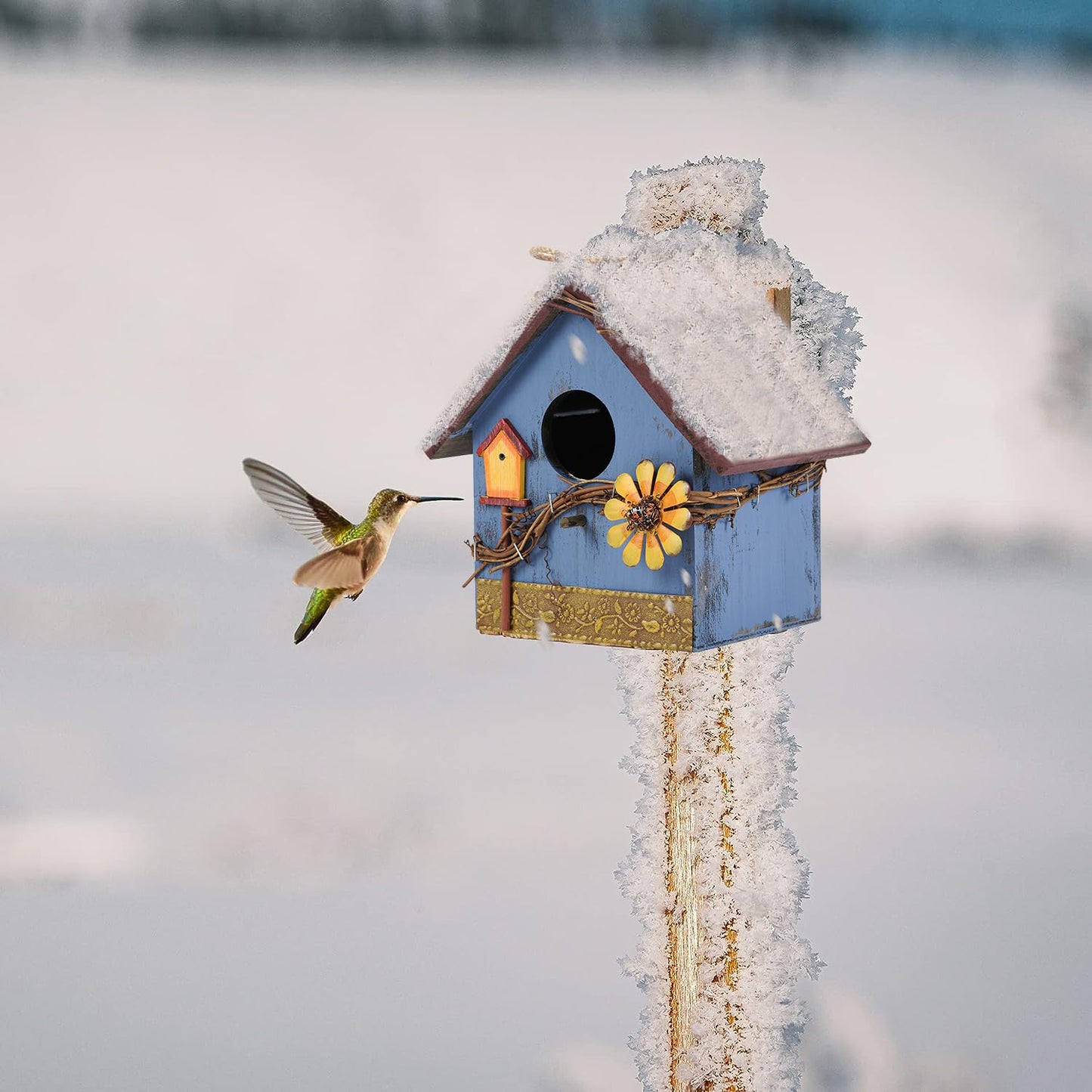 AHUONEL Hanging Bird Houses for Outside Decorative Birdhouse, Garden Bird Feeders for Outdoors, Blue Wooden Bird Nest Box for Wren Finchs Hummingbird Cardinal Bluebird Wild Birds, Gift for Bird Lovers