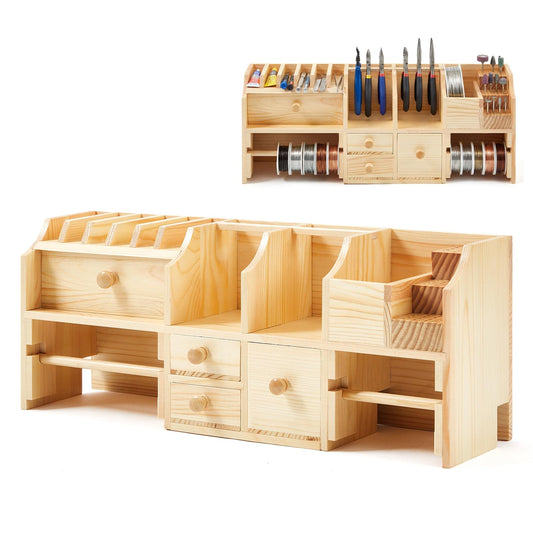 Novabright Wooden Bench Top Tool Organizer, 18.4 x 7.3 x 4.6 Inch Jewelers Bench Workbench Organizer Repair Screwdriver Storage Holder for Hand Tool Pliers Files Spools of Wire Cord Accessories