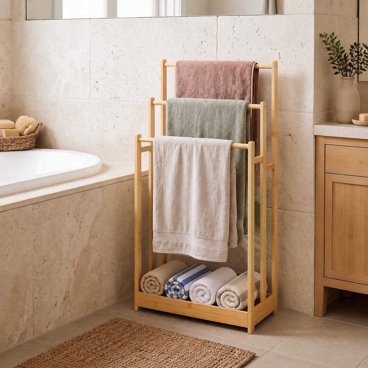 GOFLAME 3-Tier Free Standing Towel Rack with Storage Shelf, Bamboo, Natural