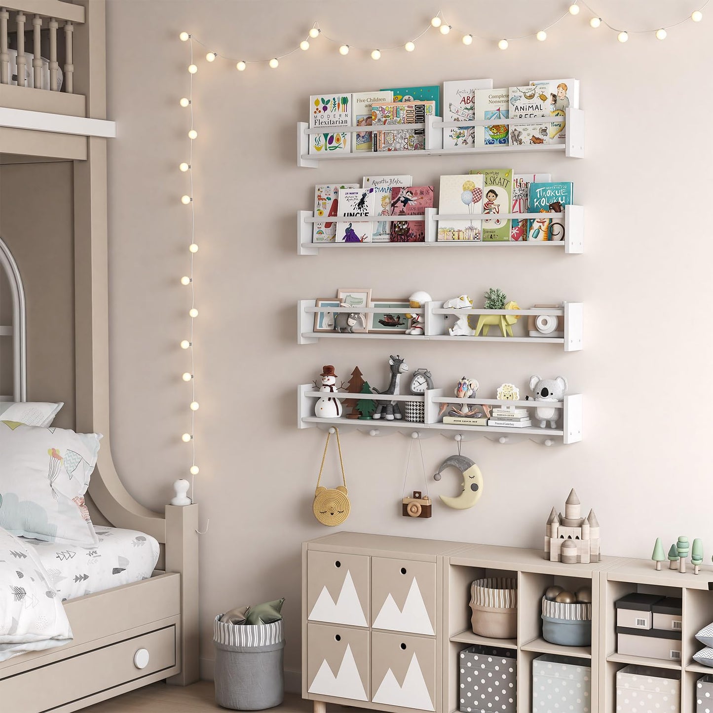 ECOOCE 34Inch Nursery Bookshelves,Set of 4,Wall Floating Shelf Kids Coat Rack with 6Hooks,Hanging Book Shelf for Baby Nursery Room Décor ，Patent Number: 29958098(White, 34)