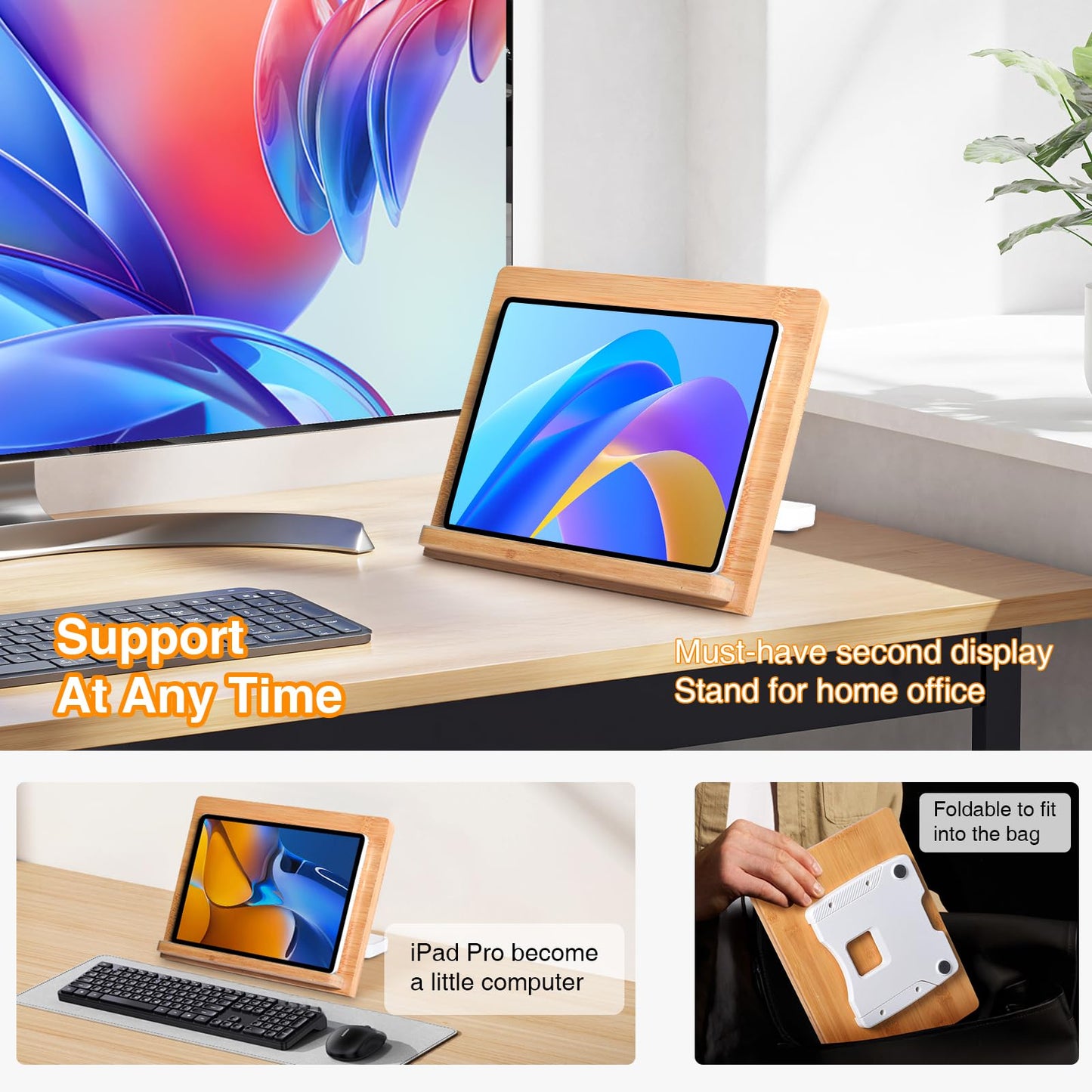 wishacc Bamboo Tablet Stand for Desk, 11"x8.2" Large Wooden Tablet Holder with Adjustable Angles, Thick Case Friendly Wood Stand for iPad Pro 12.9, Samsung, E-Readers, Kitchen & Drawing