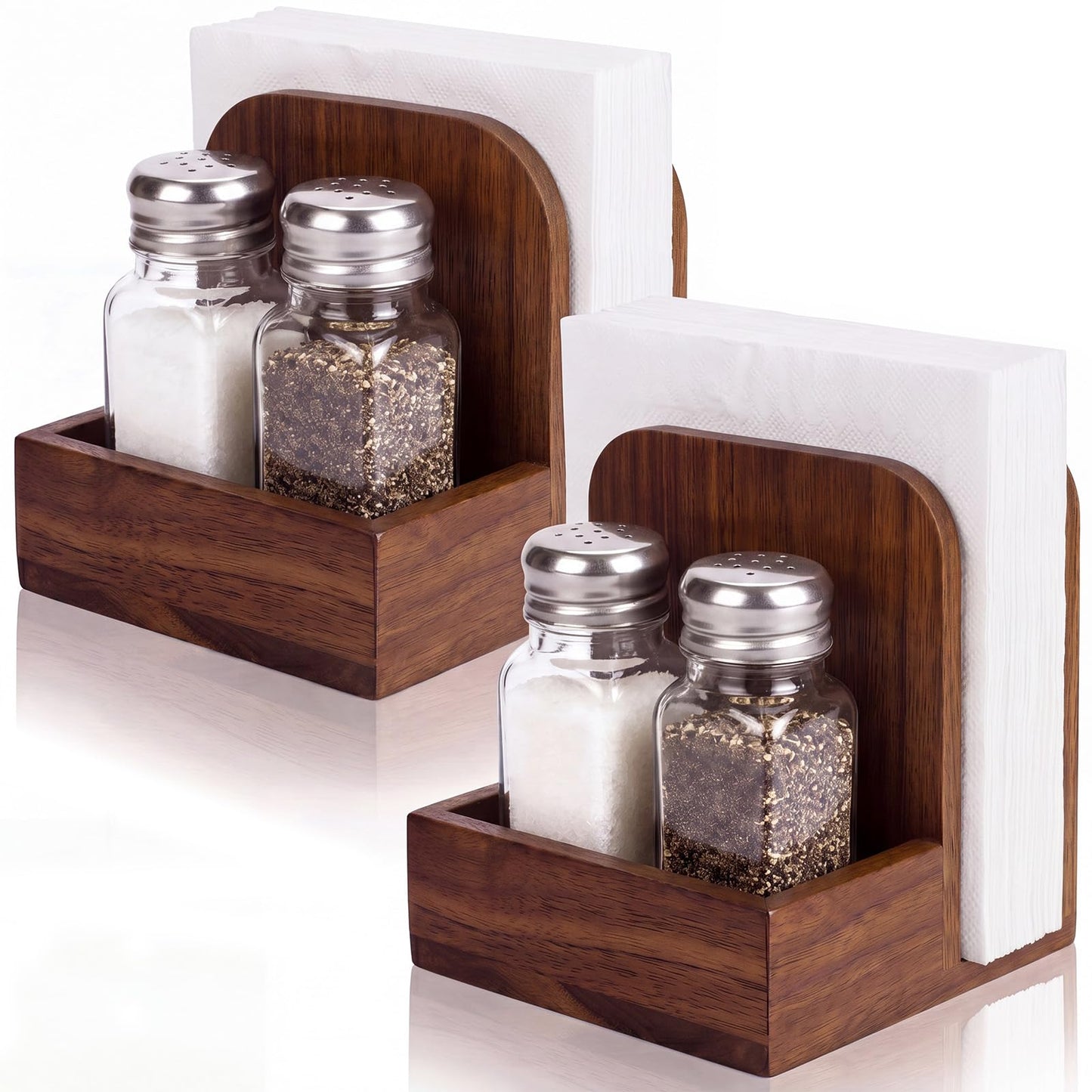 Mifoci 2 Pcs Acacia Wood Napkin Holder for Table Farmhouse Wooden Napkin Holder with Salt and Pepper Shakers Condiment Caddy Standing Paper Storage Centerpiece for Kitchen Dining Table Decoration