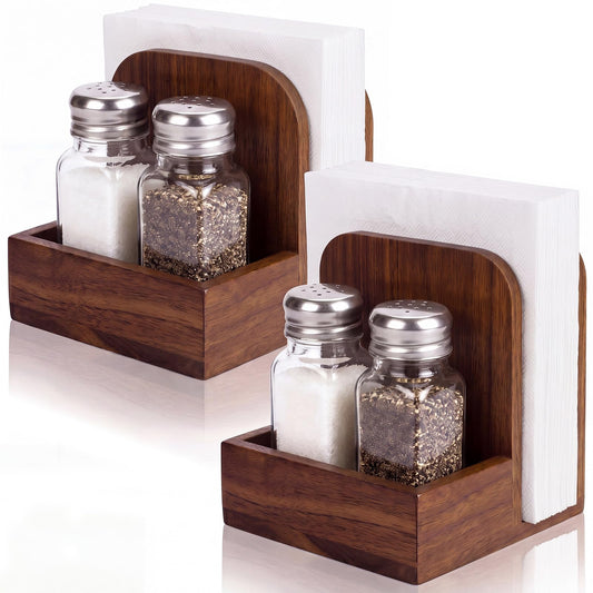 Mifoci 2 Pcs Acacia Wood Napkin Holder for Table Farmhouse Wooden Napkin Holder with Salt and Pepper Shakers Condiment Caddy Standing Paper Storage Centerpiece for Kitchen Dining Table Decoration