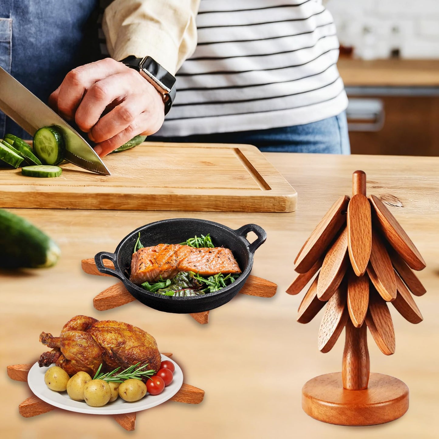 Smartwikiit Wooden Tree Trivet Set - 4 Heat-Resistant Sapele Wood Trivets with Stand for Hot Pots and Pans, Kitchen Countertop Protection, Christmas Tree Design Wooden Pot Holders