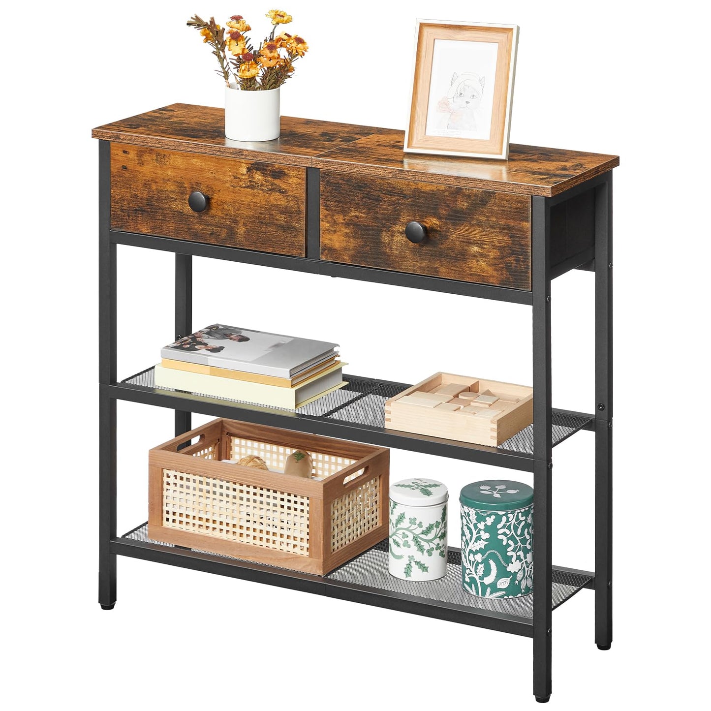 HOOBRO 29.5" Narrow Console Table with 2 Fabric Drawers, Sofa Table, Small Entryway Table with 3-Tier Storage Shelves, Behind Couch Table, for Living Room, Hallway, Rustic Brown and Black BF72XG01