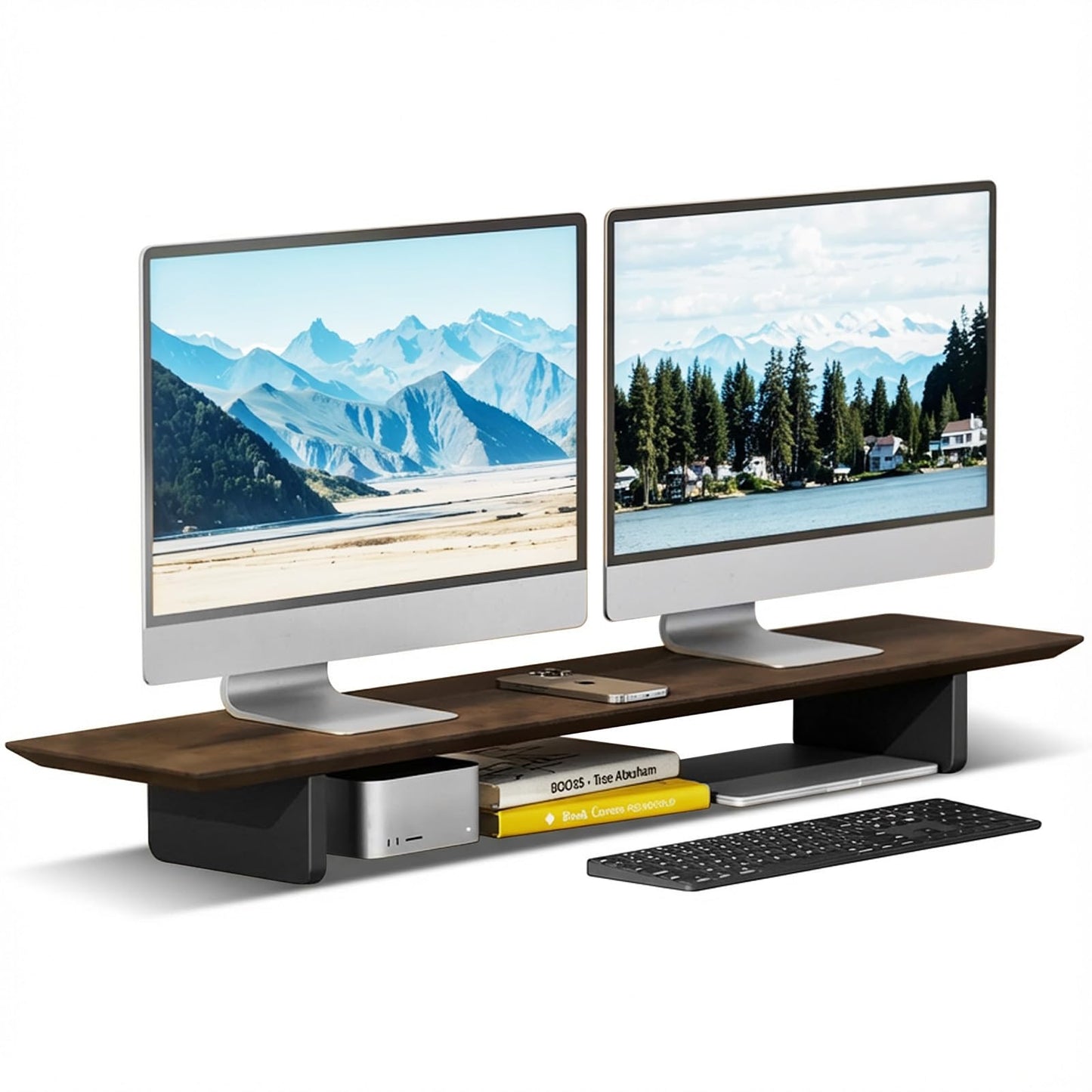 EXPERLAM Solid Wood Dual Monitor Stand Riser, 43 Inch Rubberwood Desk Shelf for Top of Desk, Wood Monitor Stand for Desk 2 Monitors up to 27", Desktop Organizer for Laptop, TV, Printer