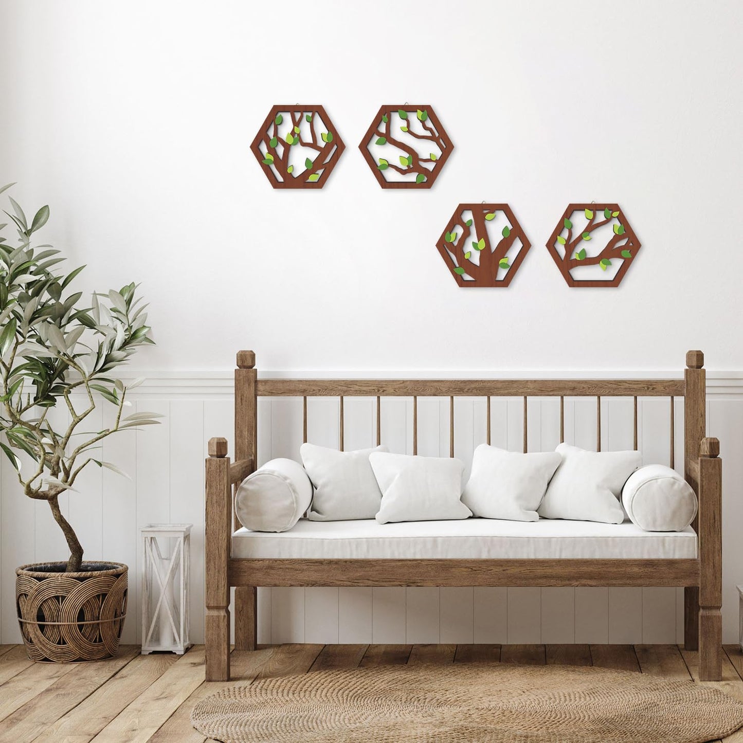 HOURIA 4 Pcs Wooden Tree of Life Wall Art, Rustic Green Leaves Hollow Brown Wall Hanging Decor for Living Room,8"*10"Abstract Modern Family Tree Wood Wall Sculpture for Farmhouse Bedroom Nursery