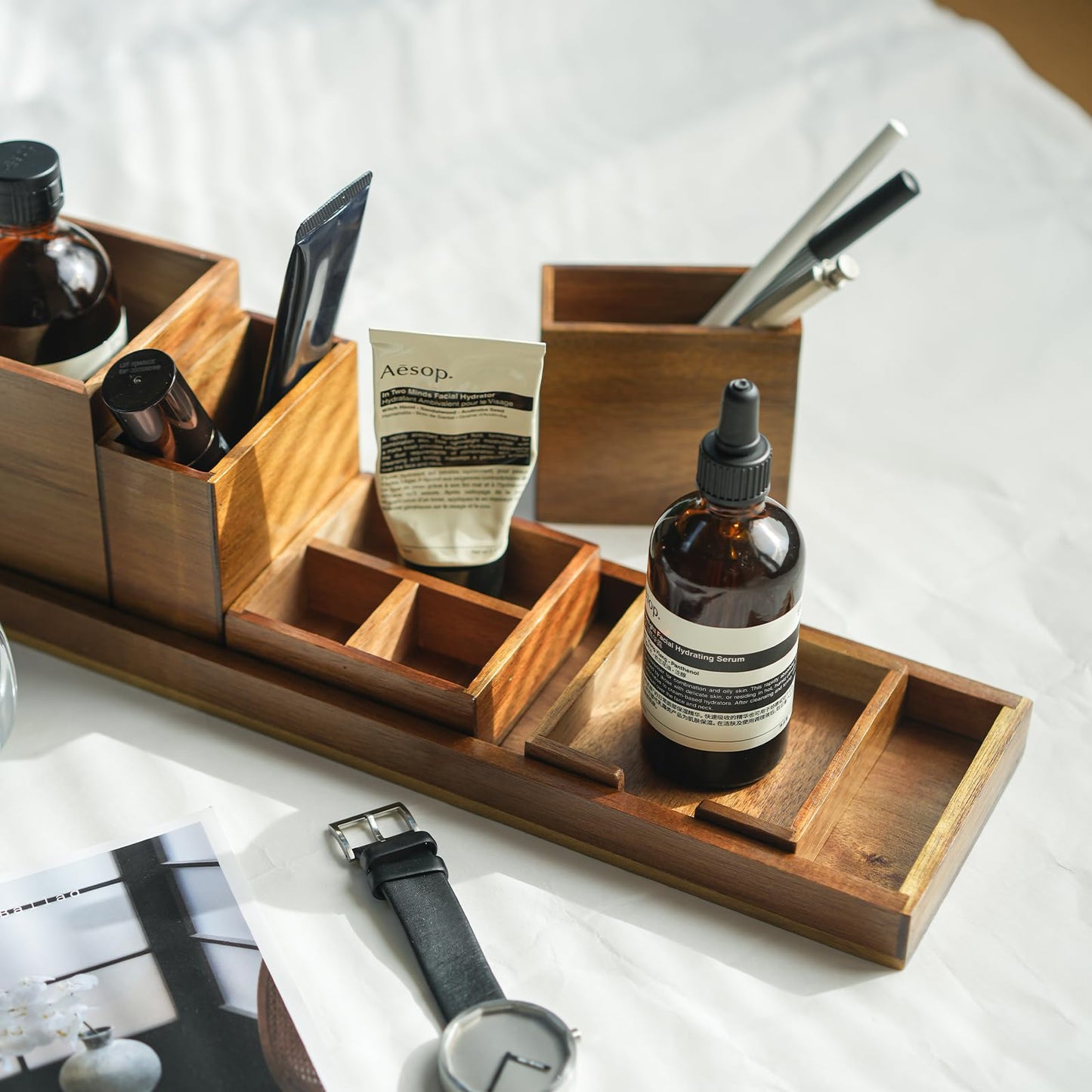 ROCDEER Dual Monitor Stand Riser with Drawer for Desk Laptop Desk Shelf + Wood Vanity Tray, 6-Piece Countertop Organizer Vanity Tray Set