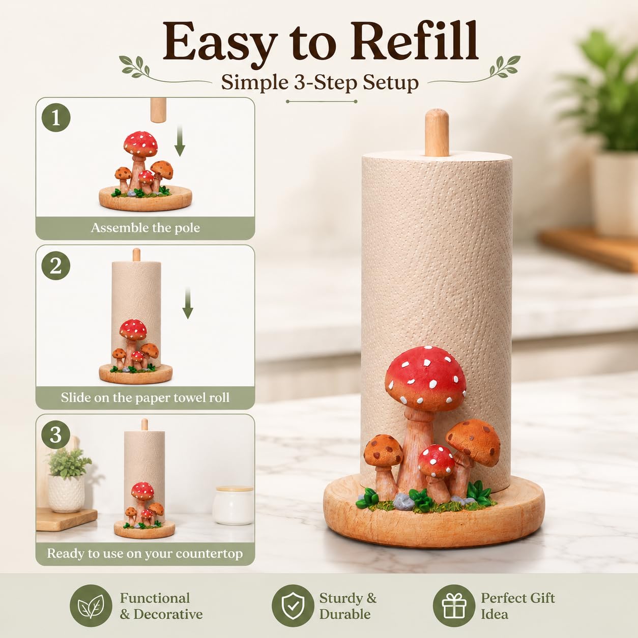 Mushroom Paper Towel Holder, Hand-Carved Resin & Wood Tissue Holder with Large Non-Slip Base, Decorative Kitchen Countertop Paper Towel Stand for Bathroom, Living Room, Farmhouse Decor