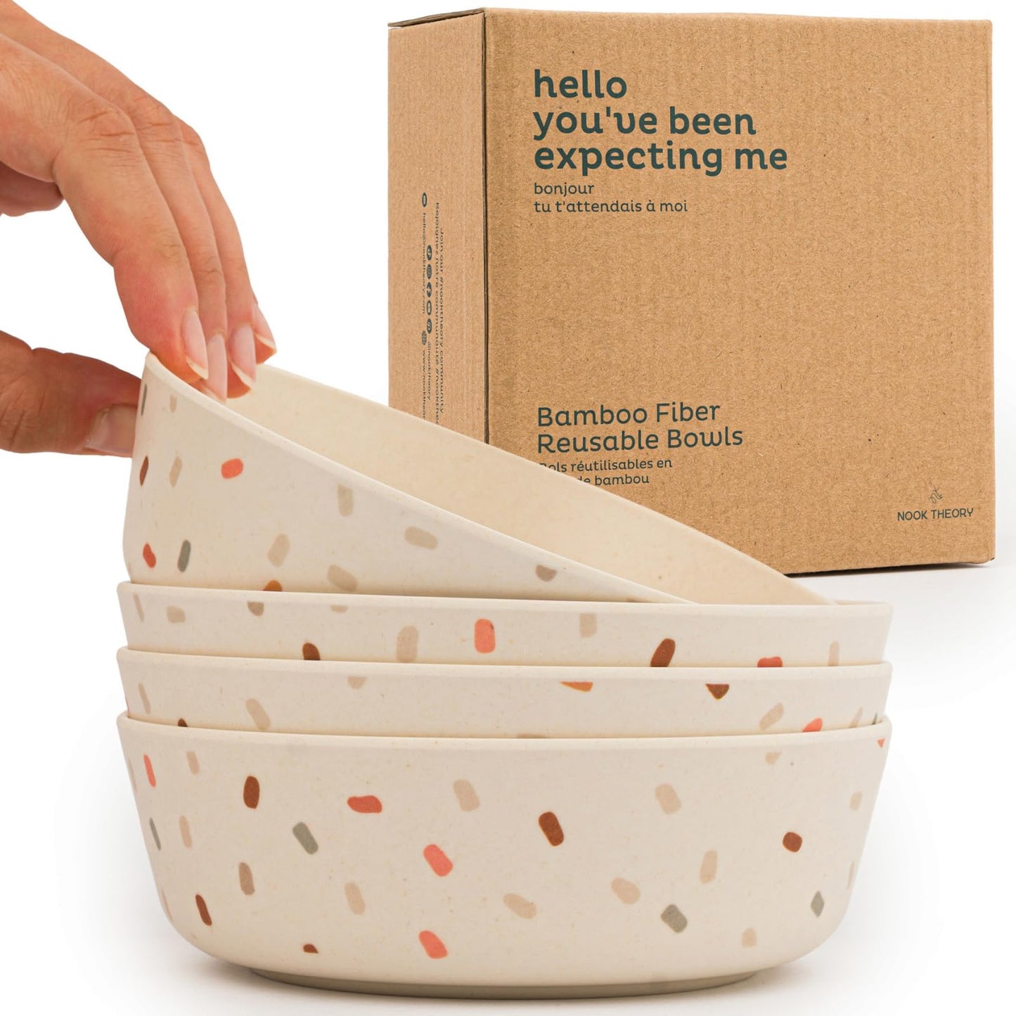 Nook Theory 4 Pack Bamboo Bowls - 18 Oz Reusable Toddler and Kids Bowl, Dishwasher Safe - Not Microwavable Bamboo Dishes (Confetti)