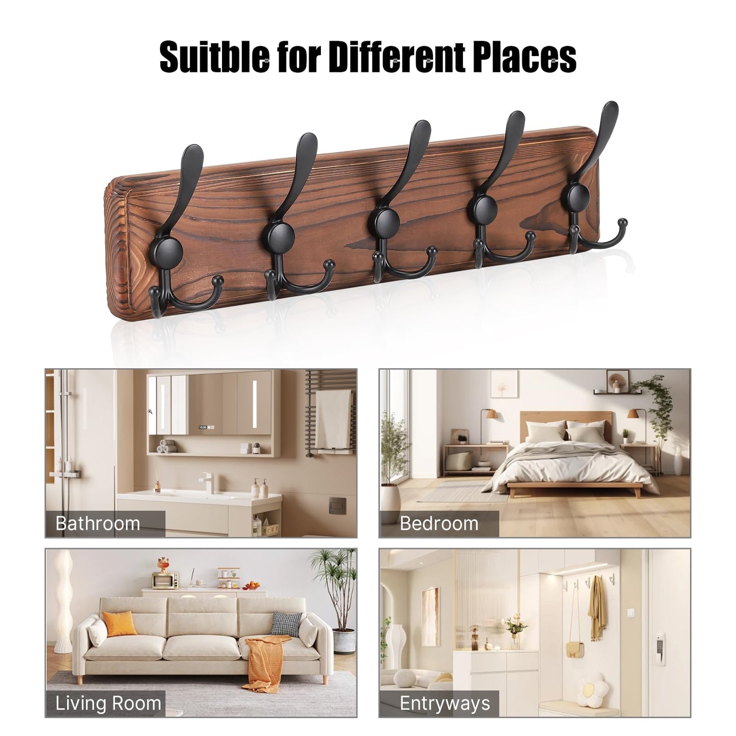Kruodop Large Coat Rack Wall Mount Coat Hooks Coat Hanger with 5 Metal Black Triple- Hooks Brown Pine Real Wood Plank Hat Rack for Wall Hooks for Hanging Coat Hat Jacket