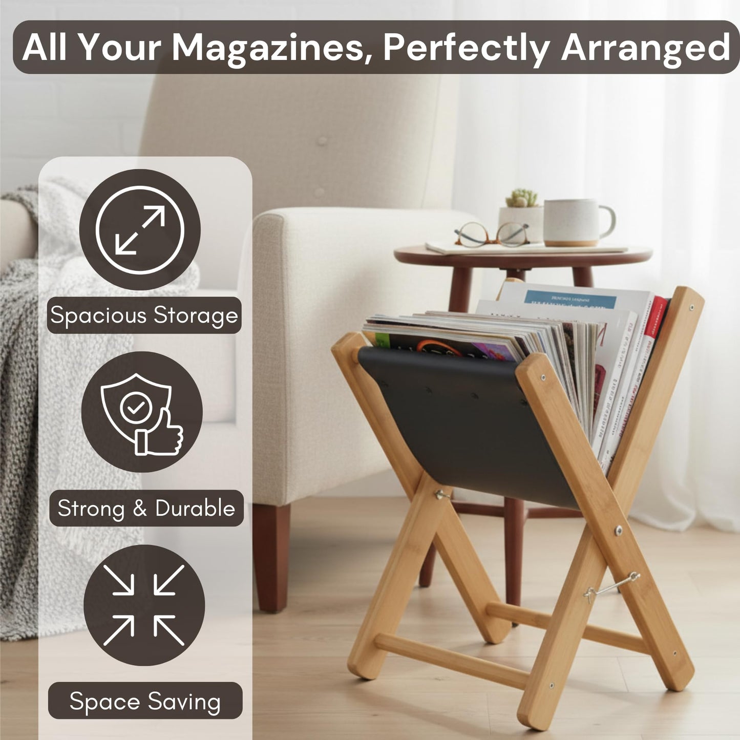 Craftilux Premium Leather Magazine Holder - Wooden Magazine Rack Floor Standing - Brochure Holder and Book Display Stand - Modern Magazine File Holder & Newspaper Rack for Home, Bathroom, Office Decor