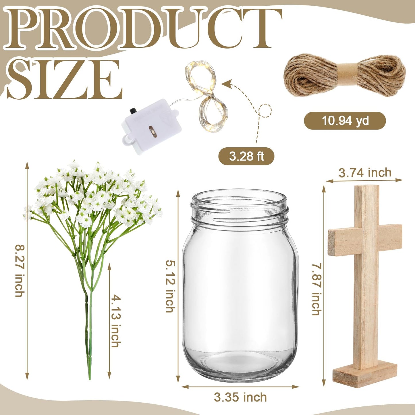 Wavwavw 37 Pcs/4 Sets Baptism Centerpieces for Table Cross Mason Jar Centerpieces with Wooden Cross Crafts Light Strings for Baptism First Communion Church Wedding Favors(Baby's Breath)