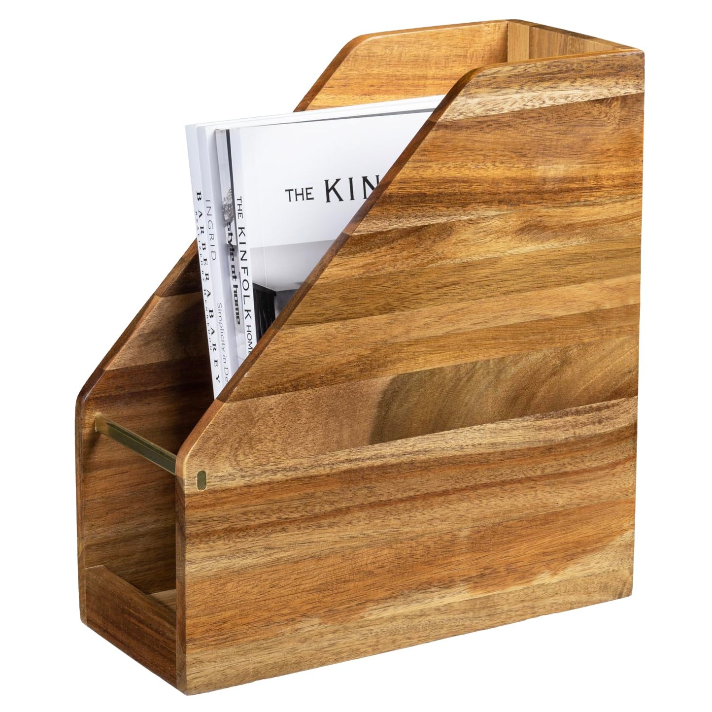 MyGift Premium Hotel Series Solid Acacia Wood Desktop Magazine File Holder Bin with Brass Tone Metal Accent, Vertical Office Desk Document Folder Binder Storage Organizer Rack