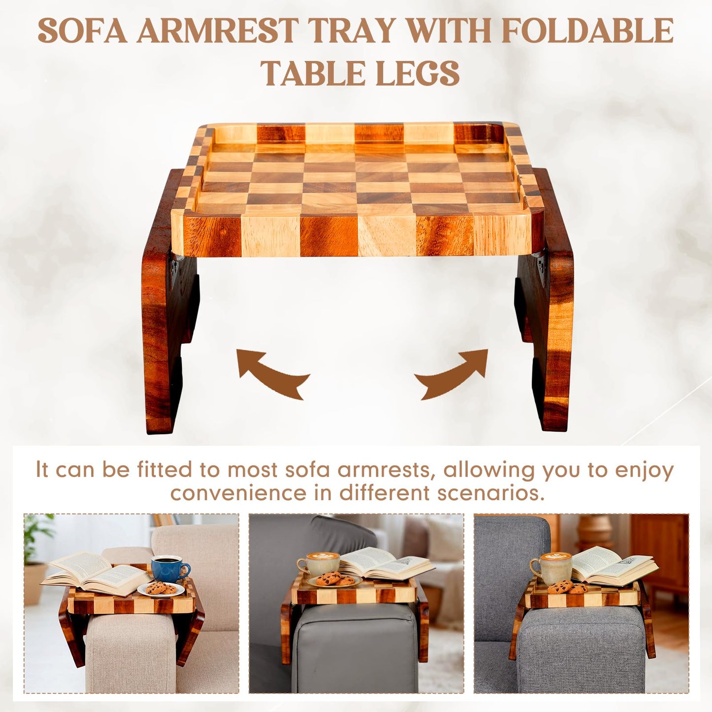 Kathfly Acacia Wood Checkered Sofa Armrest Tray, 13.75" x 9.5" Double Hinge Couch Arm Table, Clip on Sofa Arm Tray, Wooden Side Table for Food Snack Remotes Living Room Decor Mother's Day