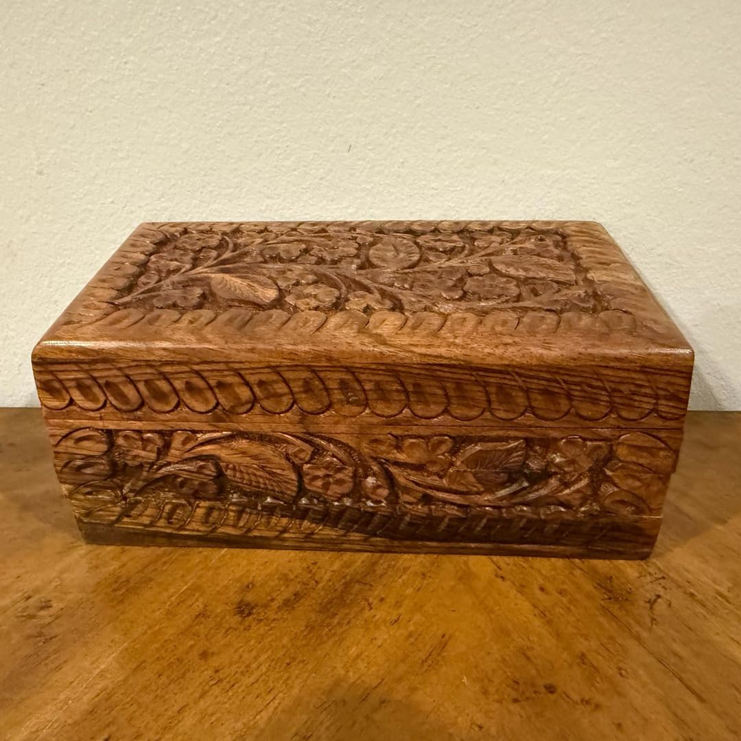 Handcrafted Wooden Jewelry Box – Floral Carvings, Secret Child-Resistant Lock, 7" Tabletop Trinket Holder – Ideal Valentine's Gift for Earrings, Rings, Necklaces, and Keepsakes