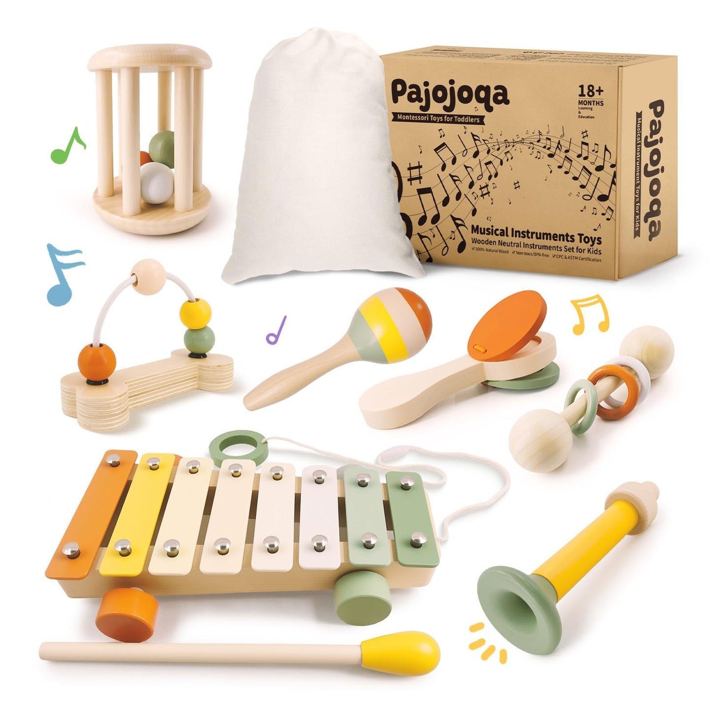 Pajojoqa 7pcs Musical Instruments Set 18M+ Montessori Toys 2 3 4 Neutral Colors Wooden Toys for Toddlers 3-5 Percussion Instruments Modern Boho Xylophone Sensory Gifts Boys Girls