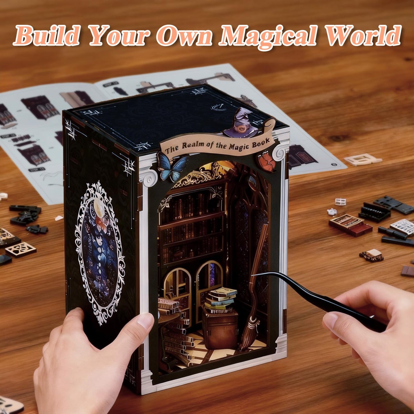 Book Nook Kit Magic Book of Mirrors Wooden Dollhouse， DIY Tiny House Miniature with LED Light, Fantasy Wooden Decor Display for Adults, Tiny Homes to Live in for Bookshelf, Battery Not Included