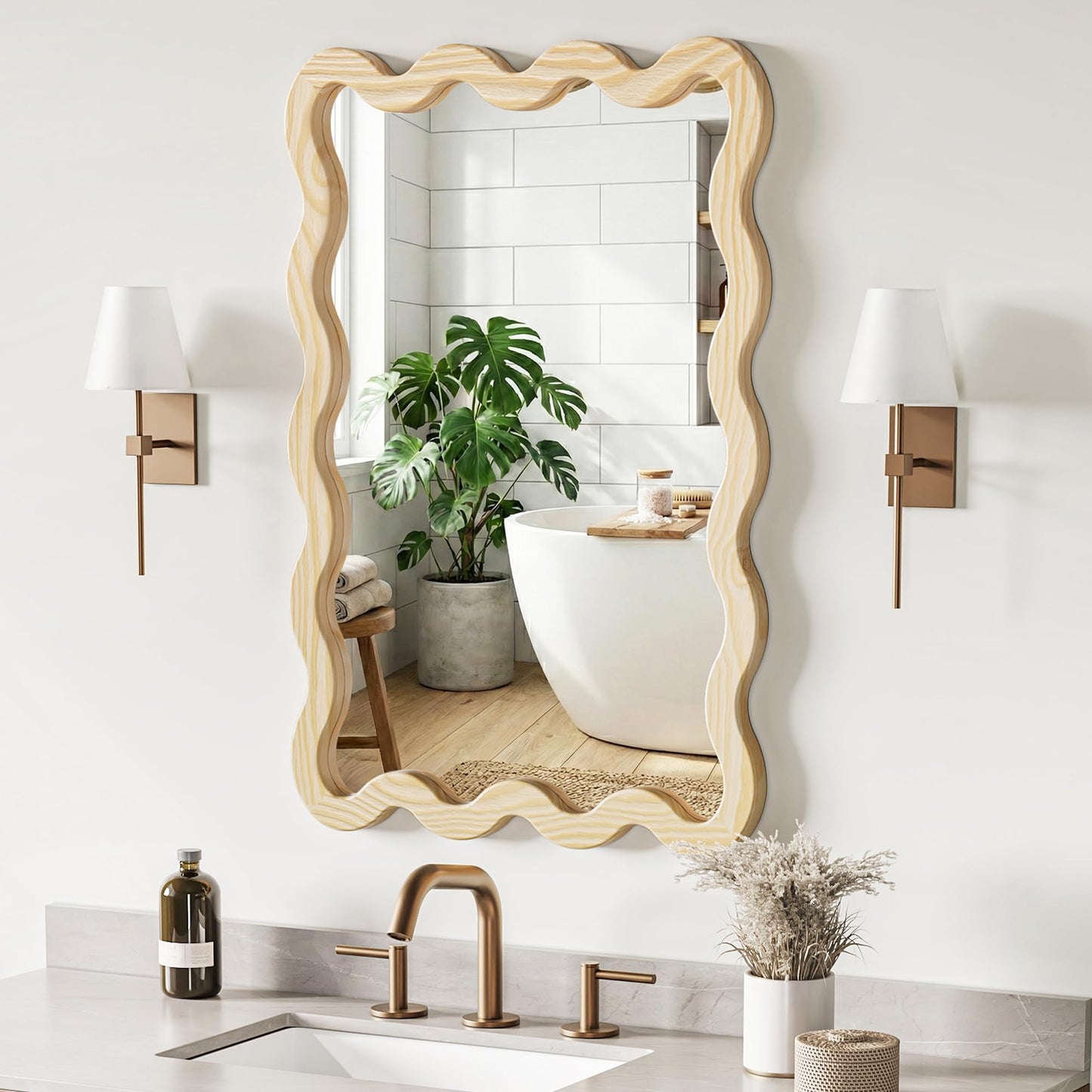 Pocetry 22"x30" Wood Wavy Wall Mirror for Powder Room, Solid Wood Squiggle Mirror for Vanity, Small Asymmetrical Irregular Mirror, Natural Wooden Boho Aesthetic Decor