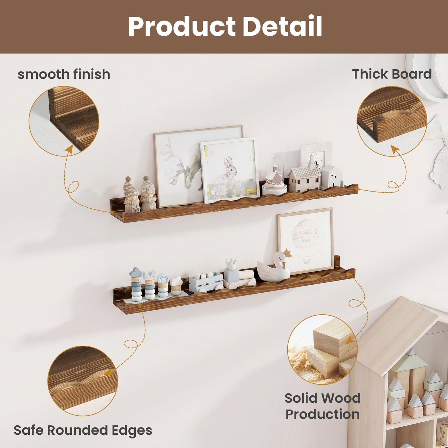 Fun Memories Picture Ledge Shelf for Wall, 36 inch Pine Wood Nursery Book Shelves Set of 2- Wall Book Shelves for Kids Room, Home Decor - Kitchen Spice-Carbonized