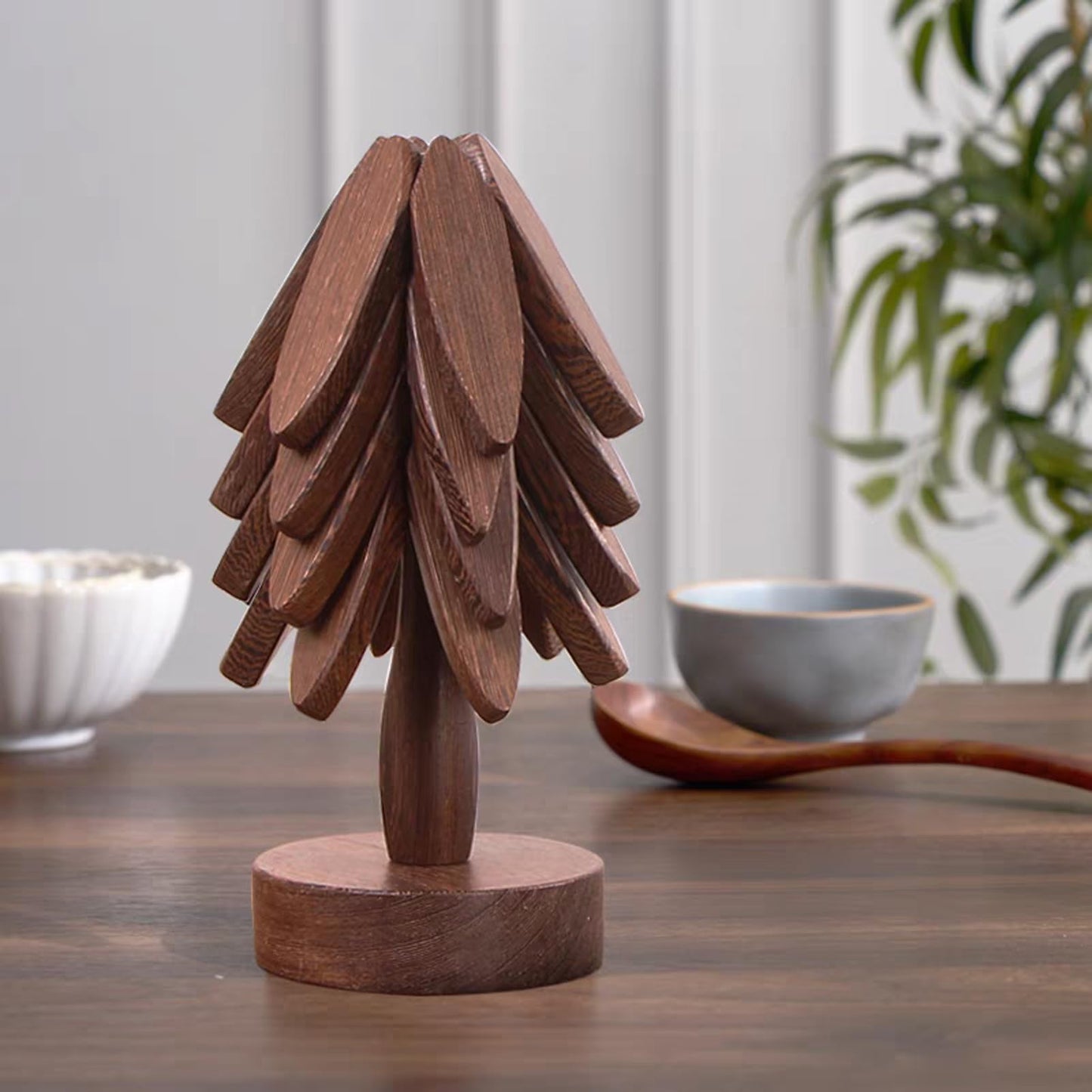 Trivets for Hot Dishes, 4Artful Foldable Wooden Hot Pads for Kitchen, Stored as a Decorative Christmas Tree for Dishes, Pans, Teapots | Creative Kitchen Gift in Walnut Wood