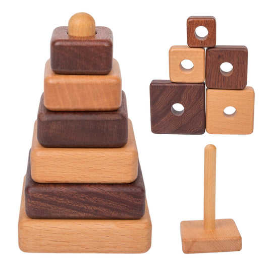 Adena Montessori Ring Natural Wood-Colored Wooden Stacking Toy,Montessori Geometric Stacker Wooden Educational Toy,Baby and Toddler Ages 12+ Months Shape Sorter and Stacking Tower for Babies(Square)