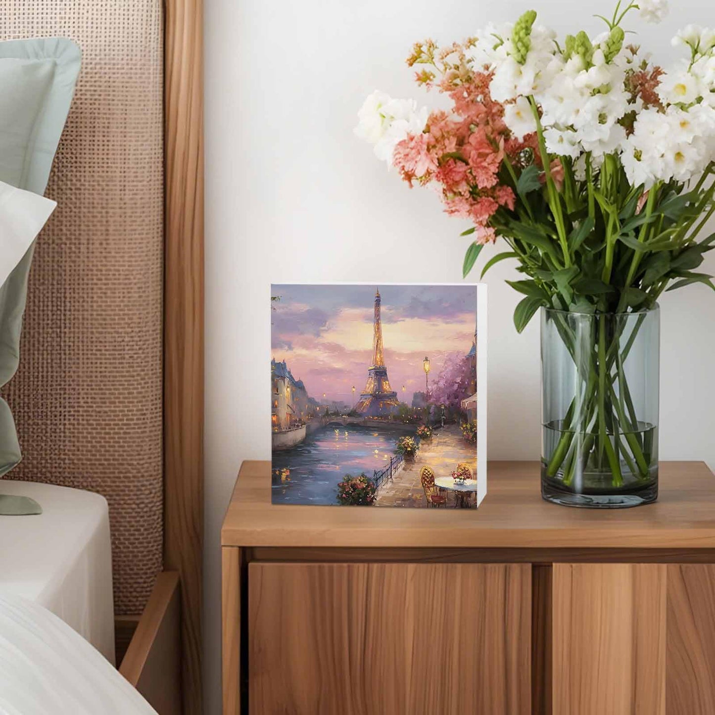 Eiffel Tower Wood Box Sign Desk Decor, Modern Purple Sunset Bridge River Night View Decorative Wooden Block Box Sign Decorations for Home Office Shelf Table Decor 6x6 Inches