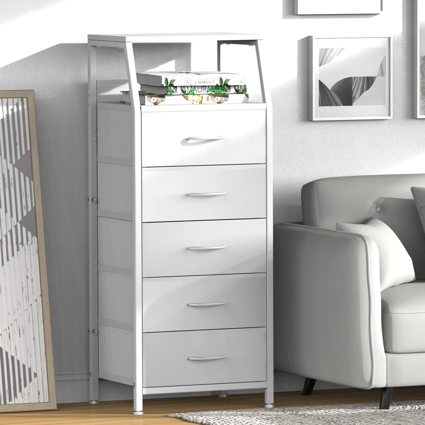 Ollieroo White Dresser for Bedroom, Storage Organizer with 5 Drawers, Vertical Fabric Storage Stand, Nightstand Bedside Table, Sturdy Steel Frame & Wooden Top