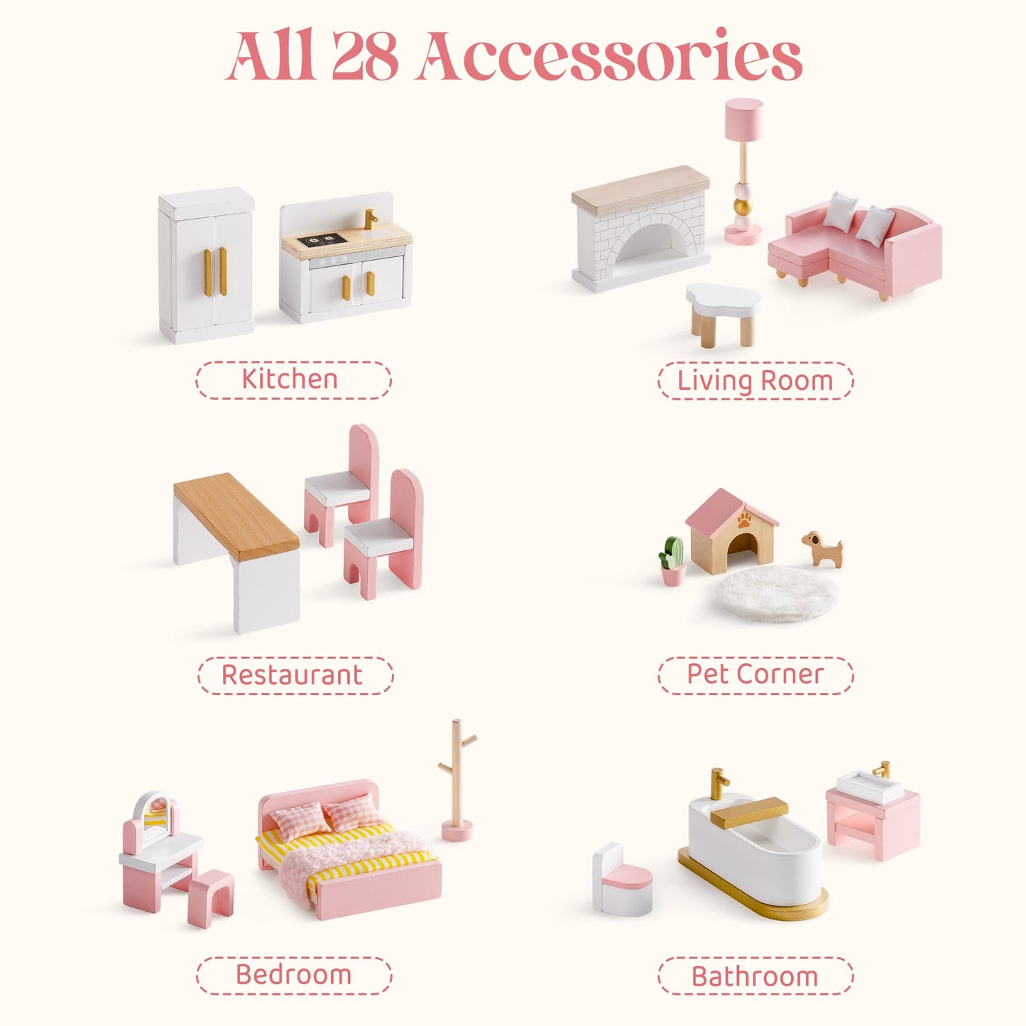 ROBOTIME Wooden Dollhouse Furniture Set, 28 PCS Miniature Dollhouse Furniture with 6 Room Kits, Dollhouse Accessories and Pretend Play Furniture, Gift for Boys and Girls Ages 3+