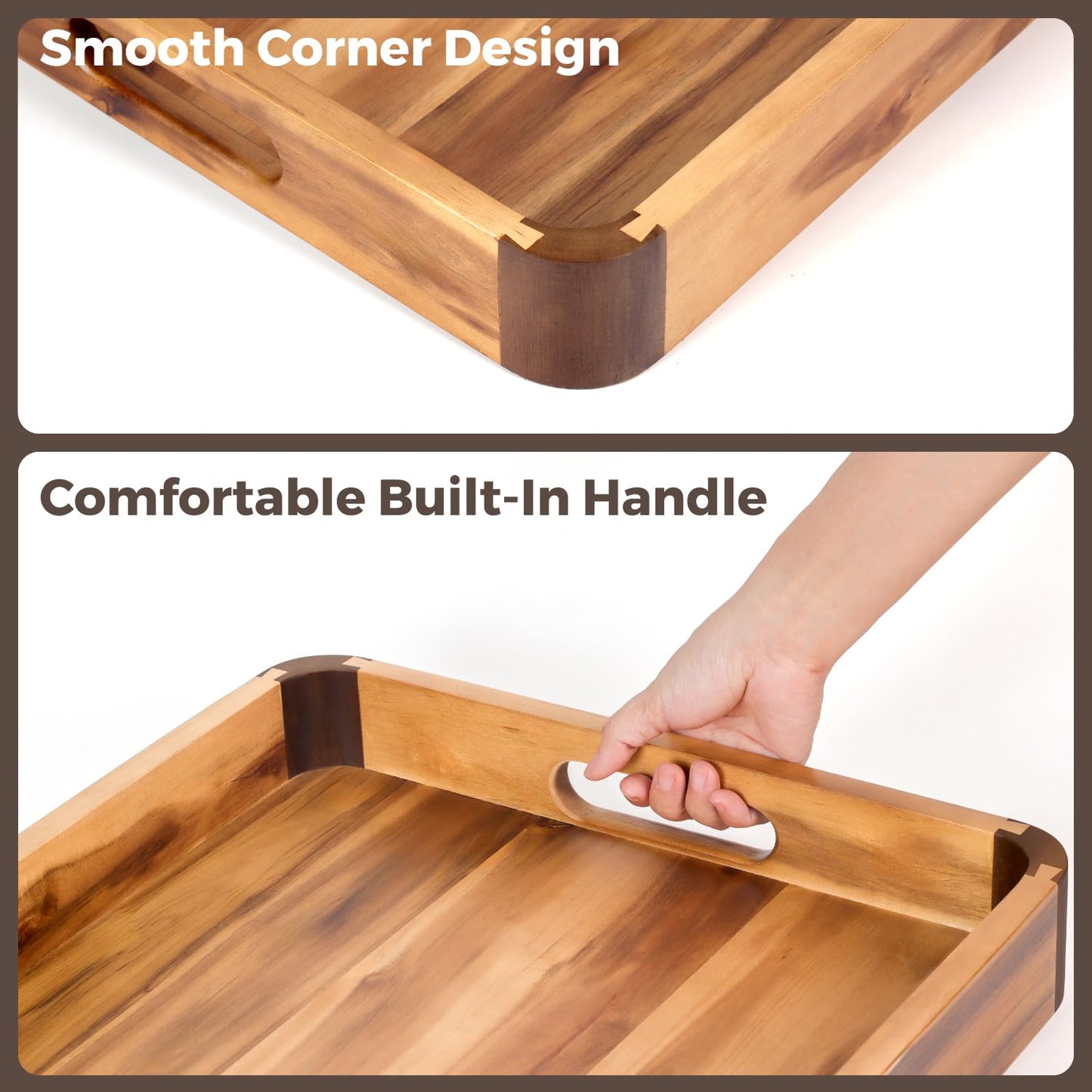 17 x 13 Inch Acacia Wood Serving Tray with Handles, Decorative Wooden Tray Featuring Dark Walnut-Tone Curved Corner Accents for Coffee Table, Ottoman & Kitchen Counter...