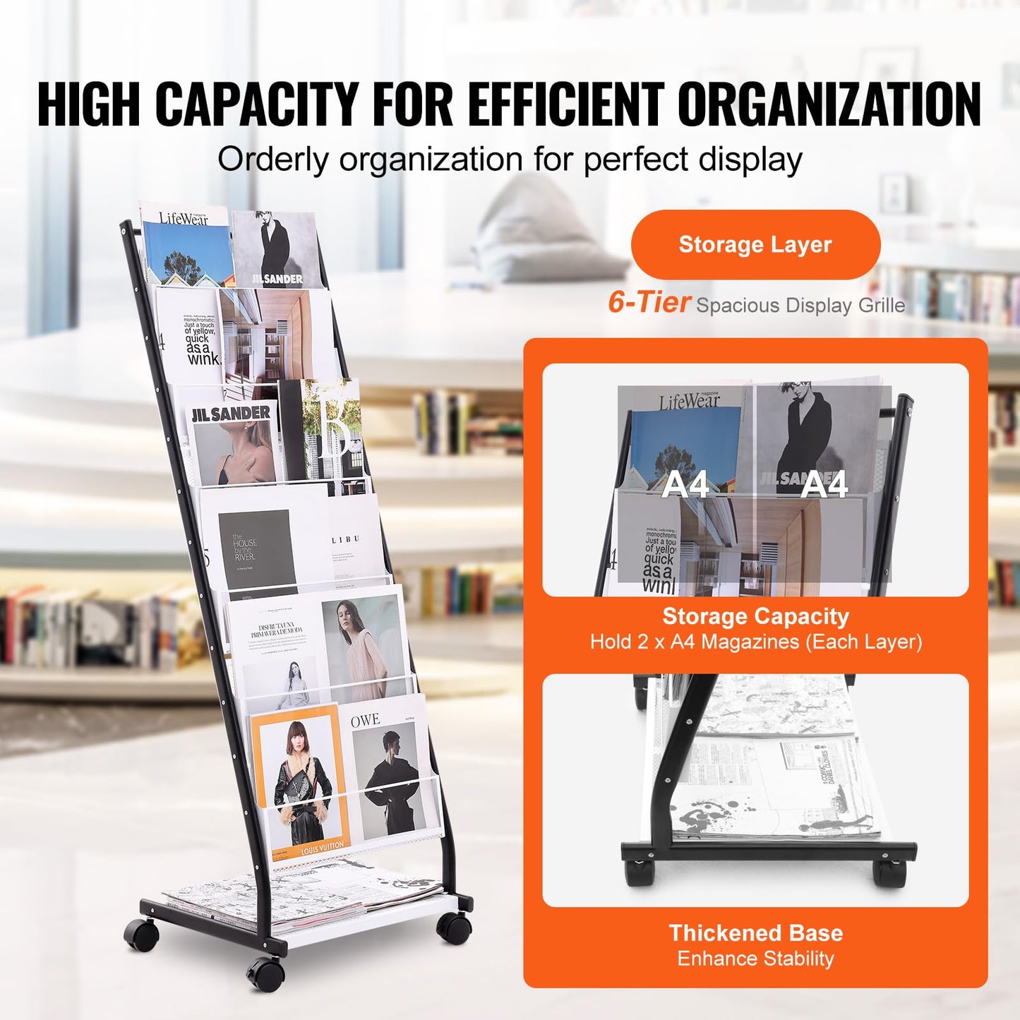 VEVOR Brochure Display Rack, 6-Tier Magazine Literature Display Stand, Floor Standing Magazine Rack Newspaper Catalog Holders, Movable with 4 Wheels (2 Lockable) for Shop Exhibitions Office, 6 Pockets