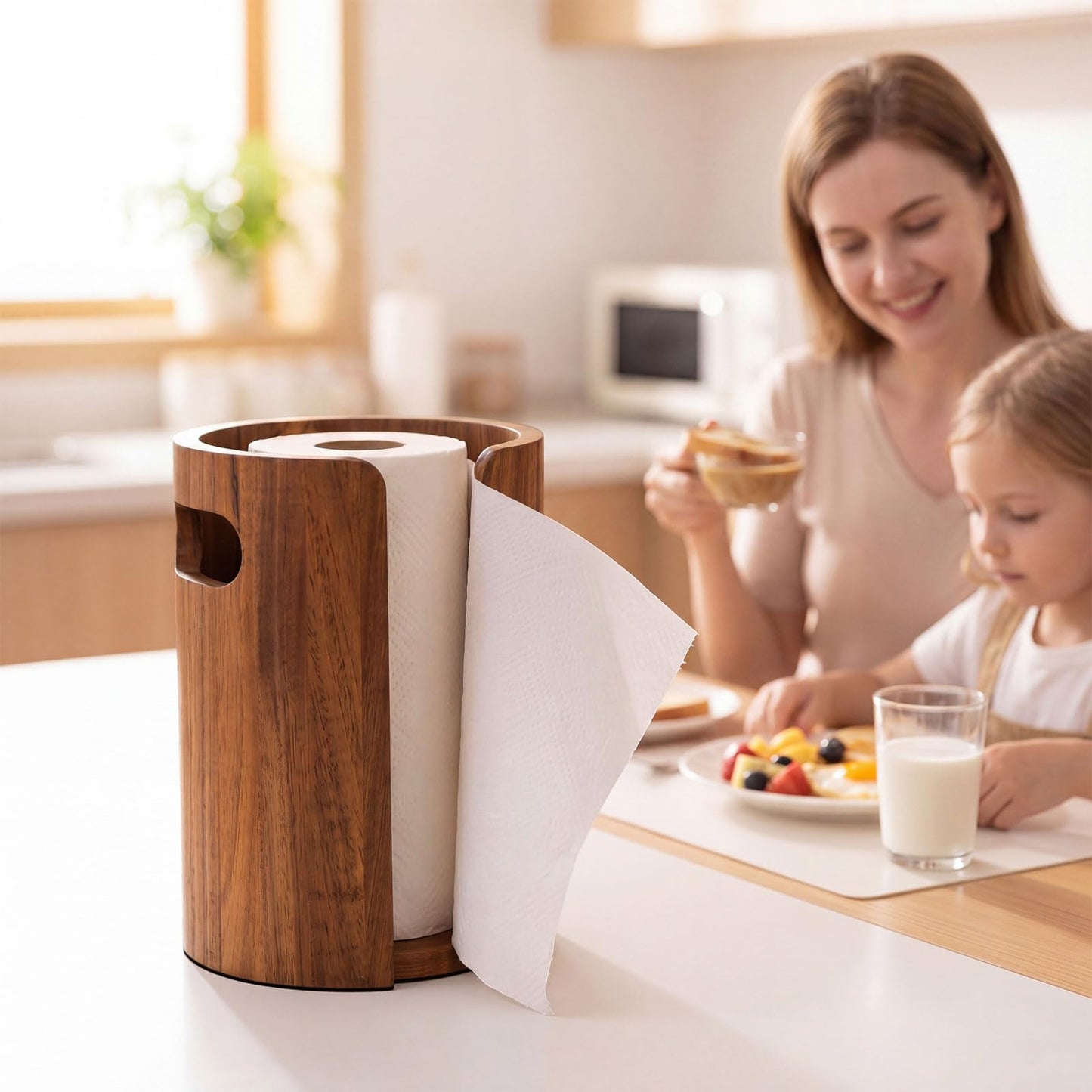 Ferrochef Acacia Wood Paper Towel Holder for Kitchen Countertop 10x7.3in with Splash Guard & Handle, Non-Slip Base, Rustic Farmhouse Paper Towel Stand for Home Office Bathroom Restaurant Hotel