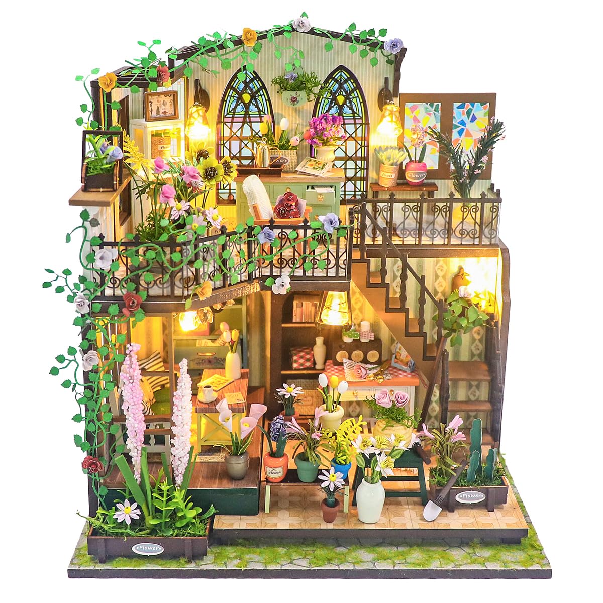 MAGQOO Miniature House Kit DIY Miniacture Dollhouse Kits with Furniture and LED 1:24 Wooden Dollhouse Kit (Daray Flower House)